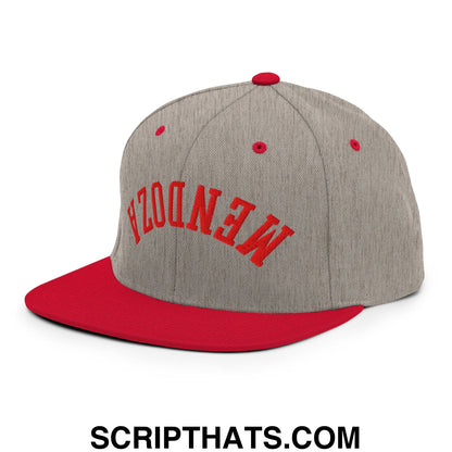 Gray and red snapback cap with mendoza embroidered in bold red on front flat bill brim for football fans