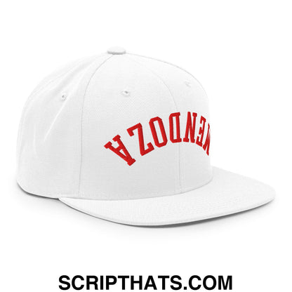 White snapback cap with red embroidered mendoza lettering and flat bill brim for casual wear and football fans