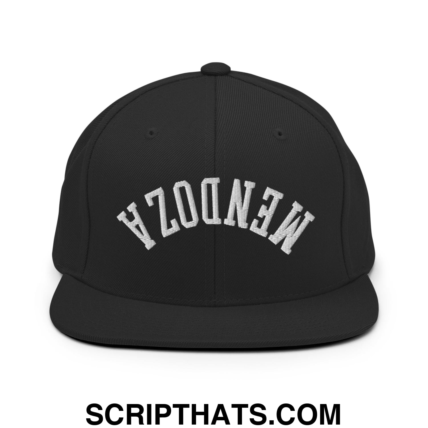 Black snapback cap with white embroidered nendez in arched collegiate font flat bill brim football hat