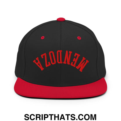 Black and red flat bill snapback hat with mendoza embroidered in bold red football style lettering on front