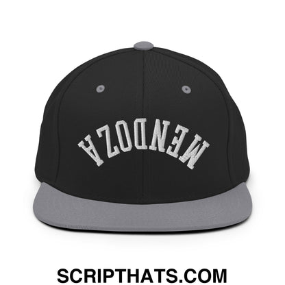 Black and gray snapback cap with nendez embroidered in white flat bill brim for football fans
