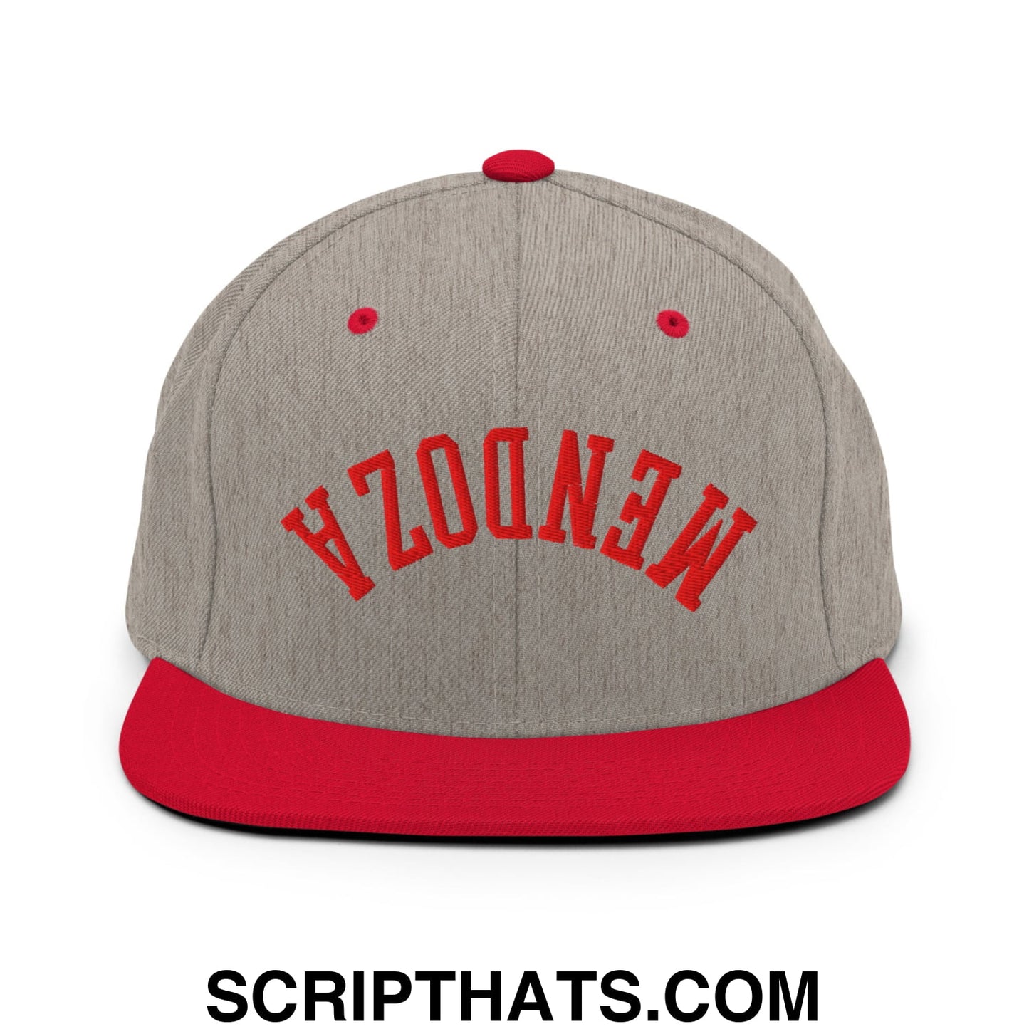 Gray and red snapback cap with mendota embroidered in red on the front flat bill brim football hat