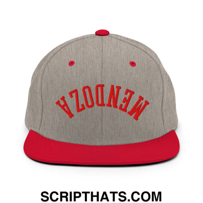 Gray and red snapback cap with mendota embroidered in red on the front flat bill brim football hat
