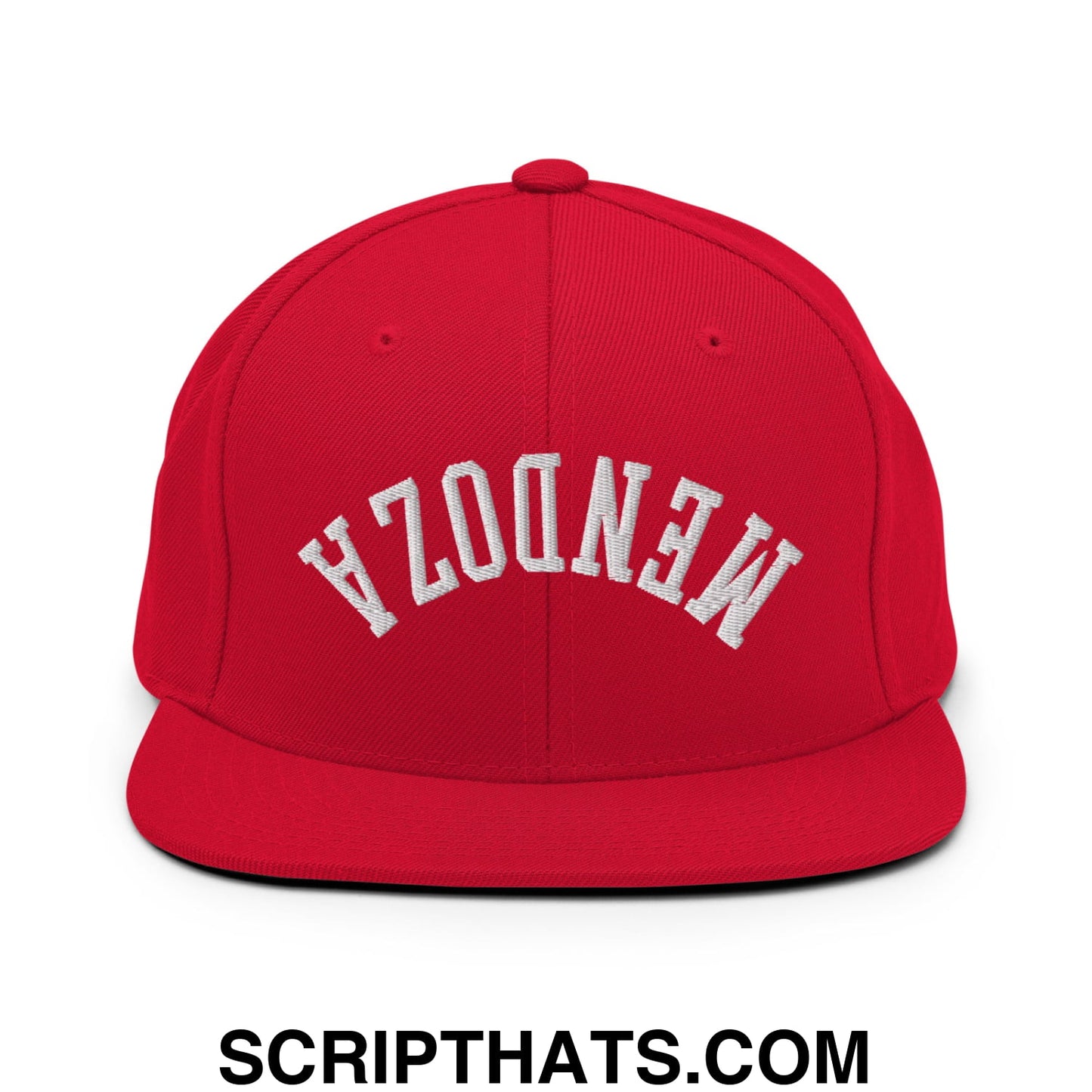 Red snapback cap with white embroidered mendota arch design and flat bill brim for casual wear