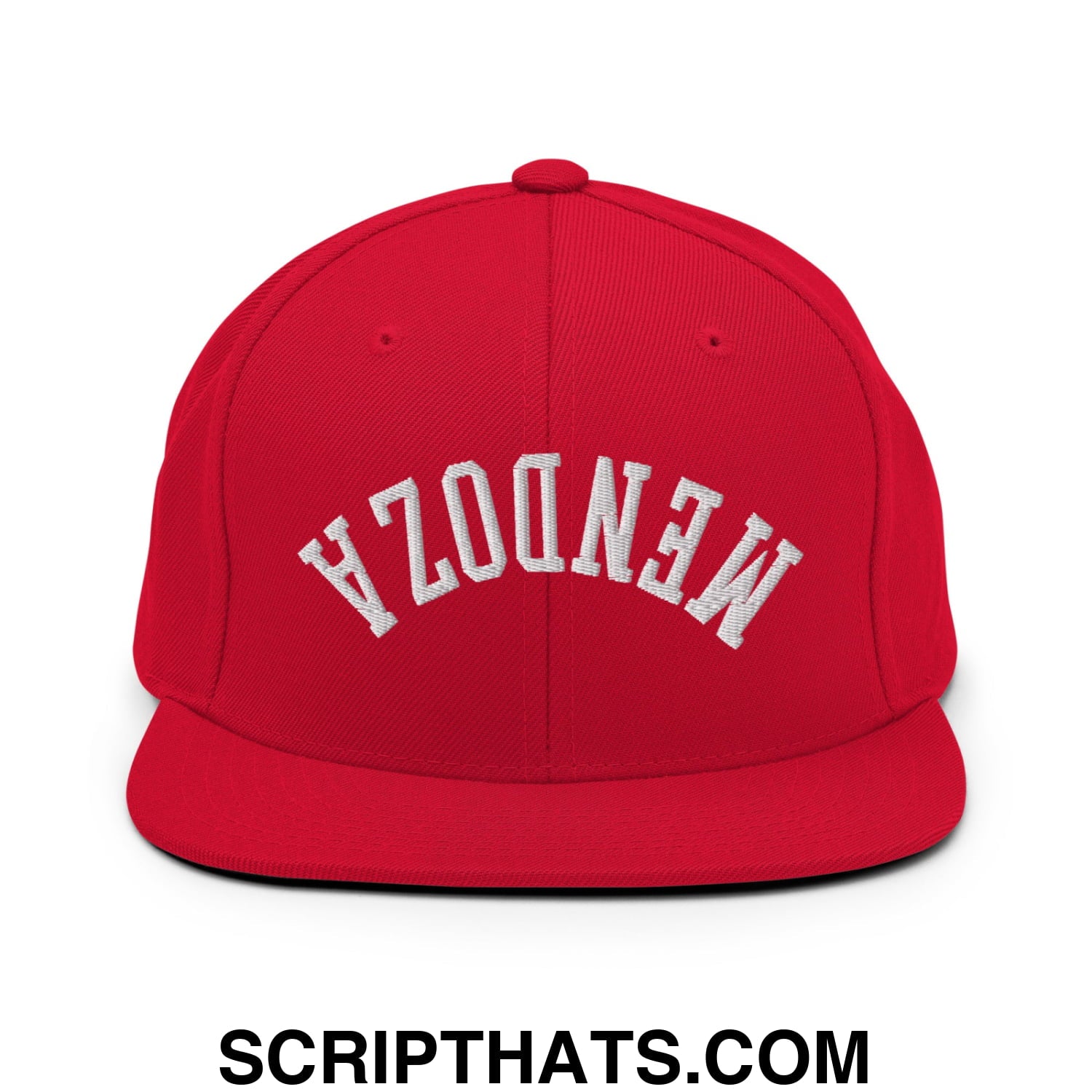 Red snapback cap with white embroidered mendota arch design and flat bill brim for casual wear