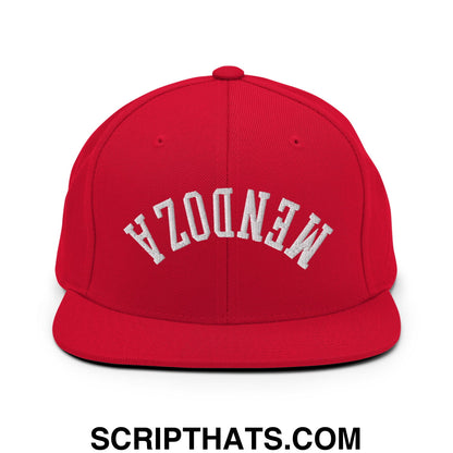 Red snapback cap with white embroidered mendota arch design and flat bill brim for casual wear