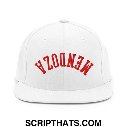 White snapback cap with red embroidered mendoza lettering in an arched design from upside down fernando mendoza hat