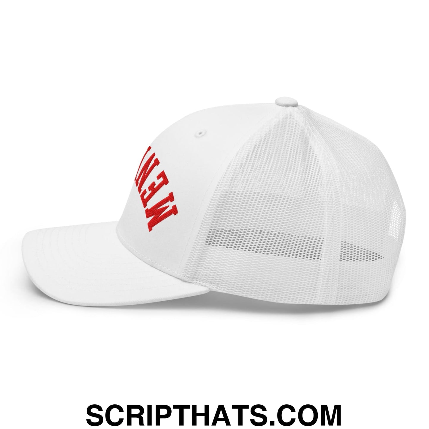 White mesh trucker hat with red embroidered upside down fernando mendoza football lettering on front panel
