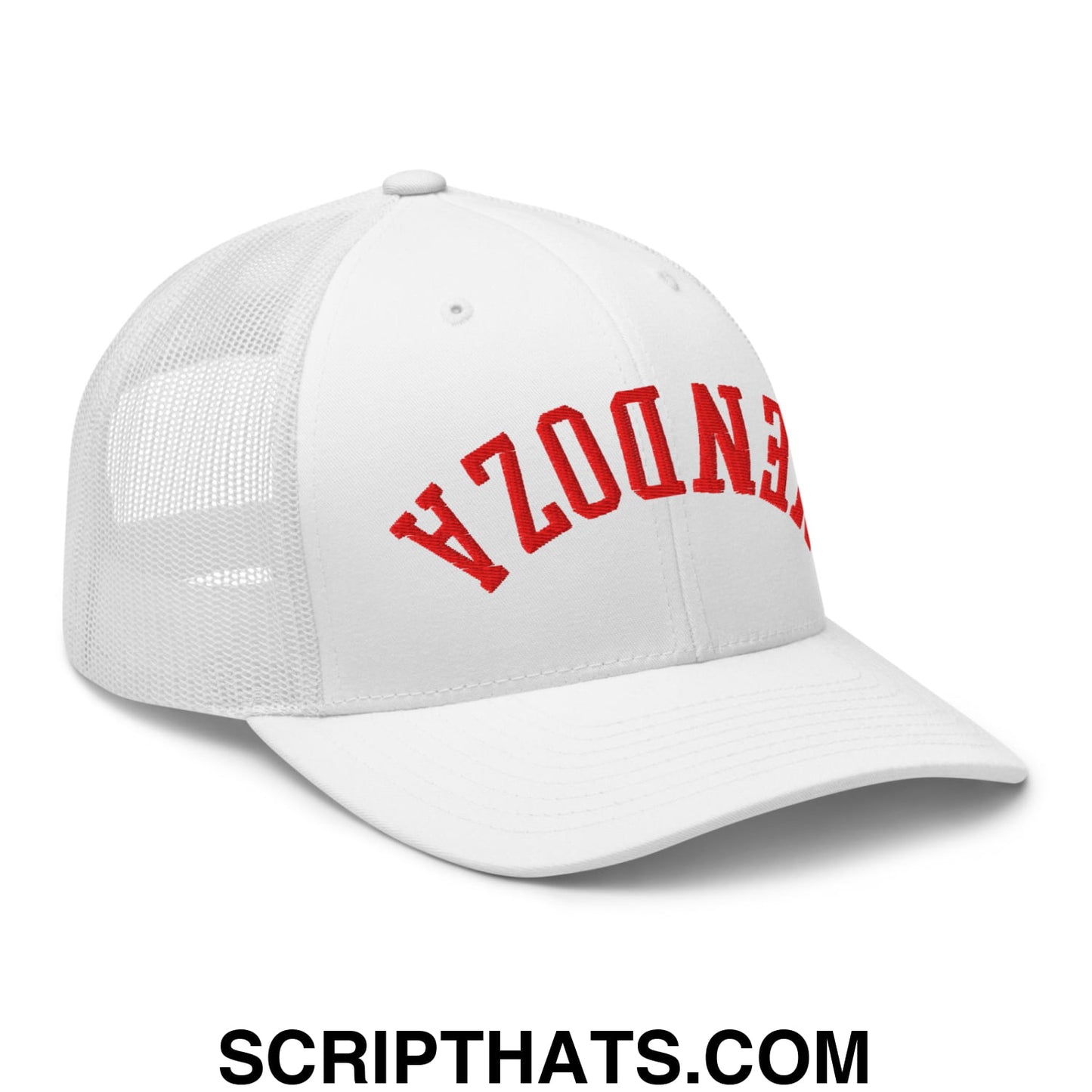 White mesh trucker hat with red sunday embroidery featuring upside down fernando mendoza football design