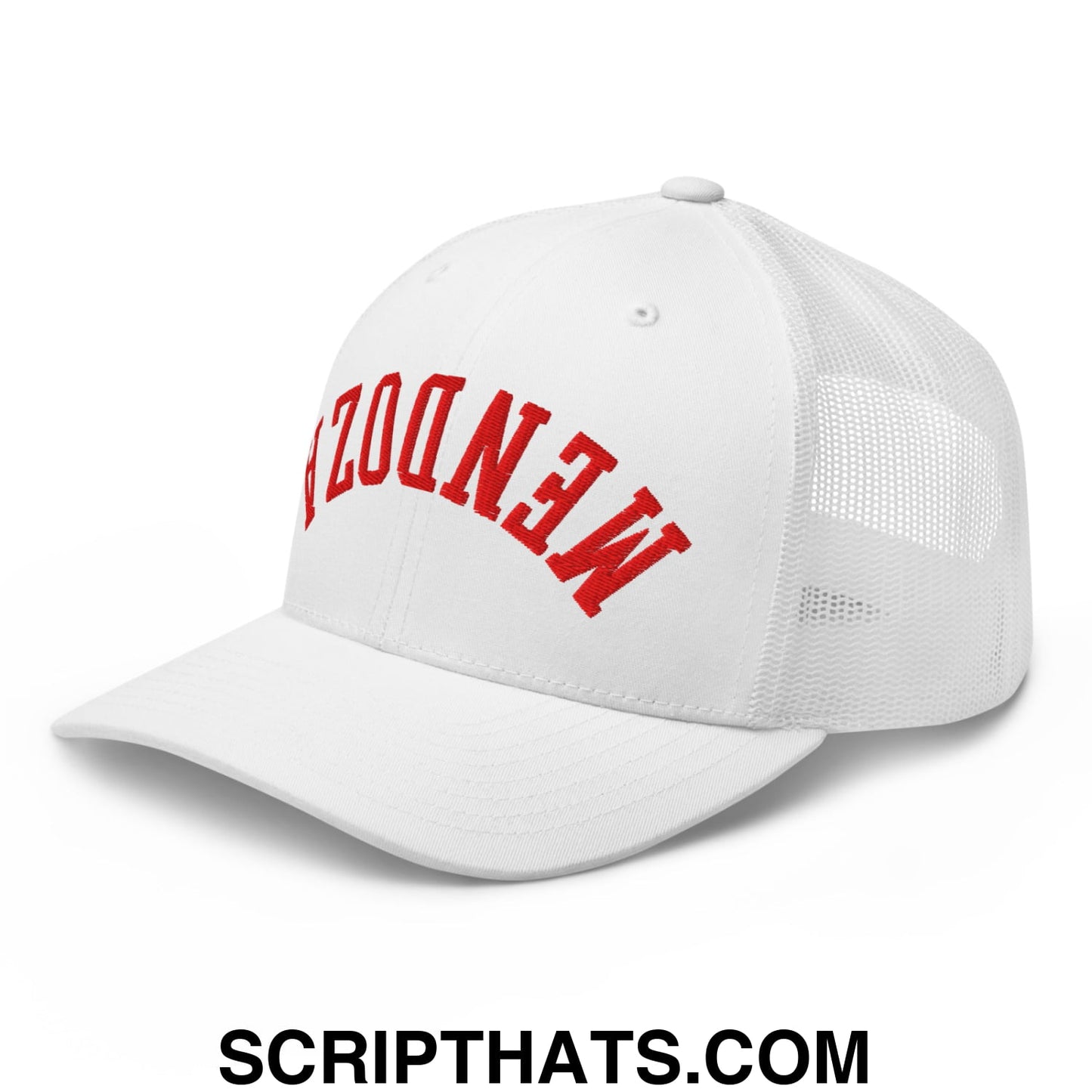 White mesh trucker hat with red mendoza lettering embroidered for Upside Down Fernando Mendoza football fans