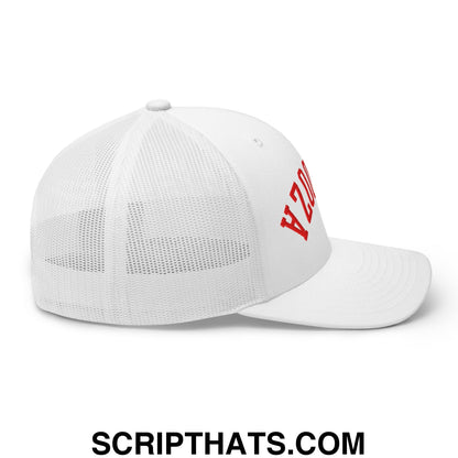White mesh trucker hat with red embroidered upside down fernando mendoza football lettering on the side