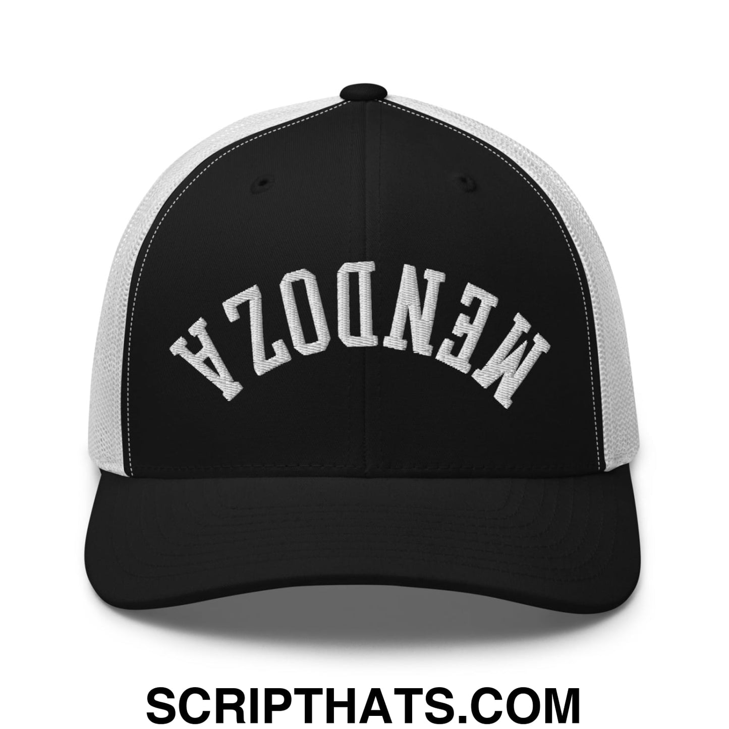 Black and white mesh trucker hat with nendezah embroidered in textured white lettering on the front panel