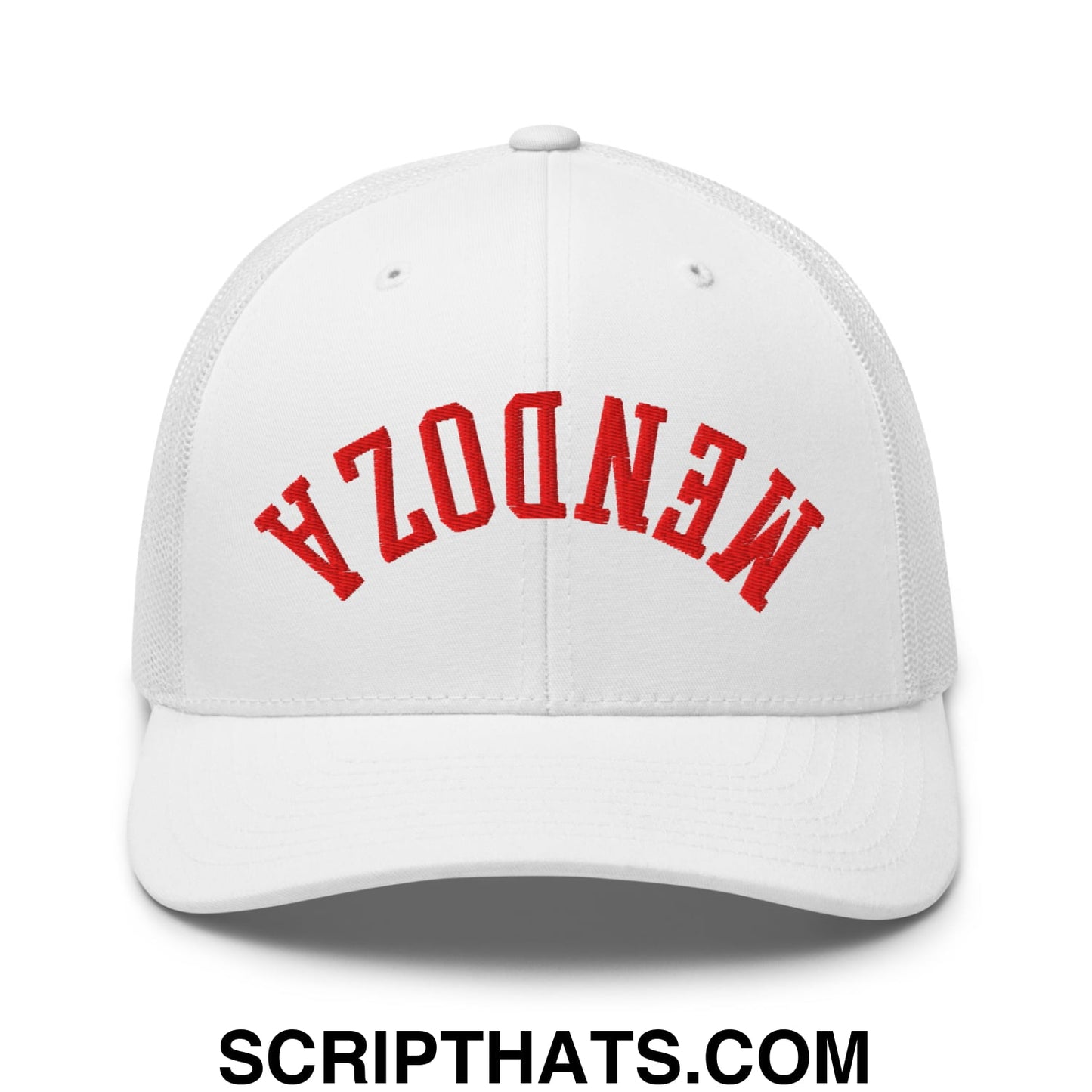 White mesh trucker hat with red embroidered mendoza arch featuring upside down fernando mendoza football design