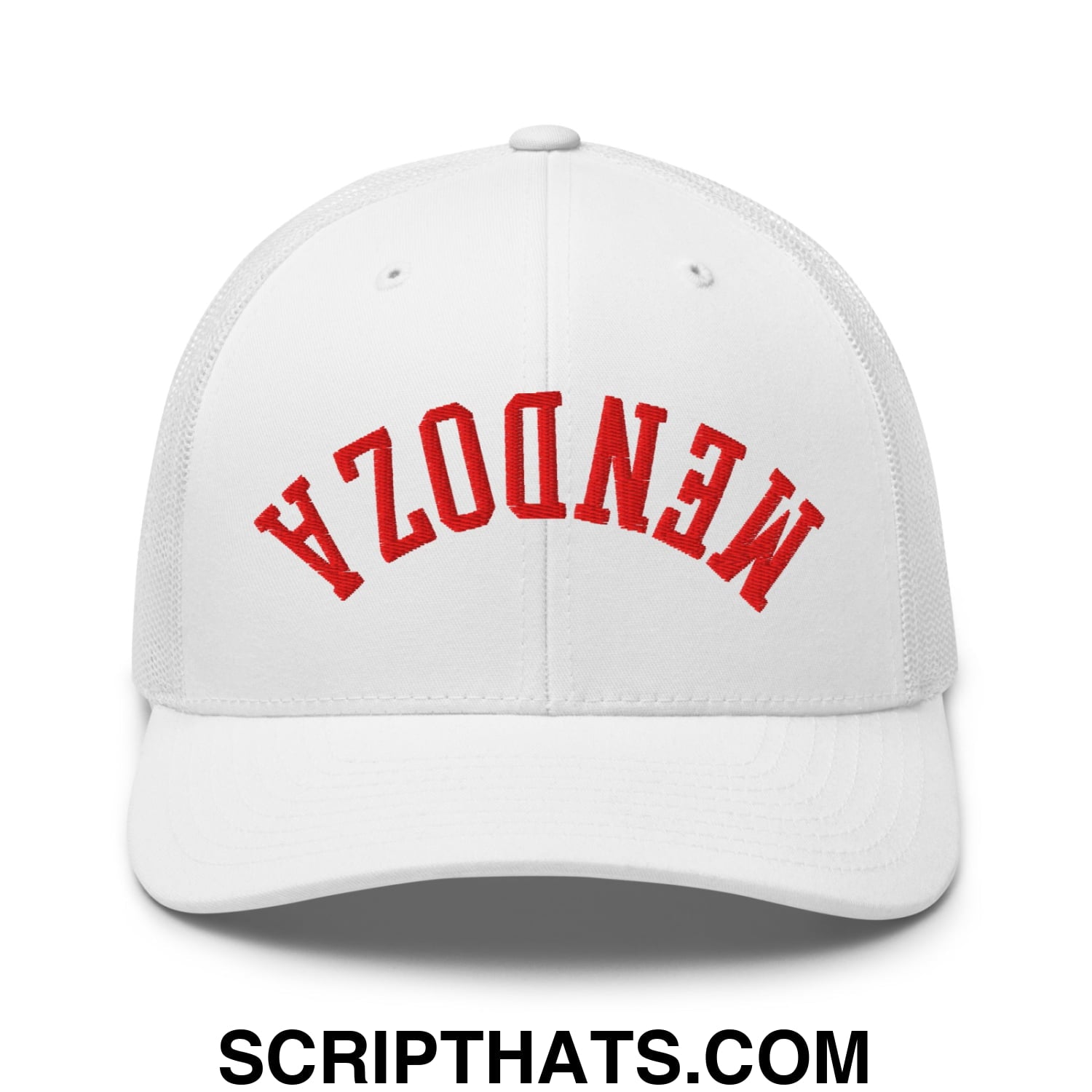 White mesh trucker hat with red embroidered mendoza arch featuring upside down fernando mendoza football design