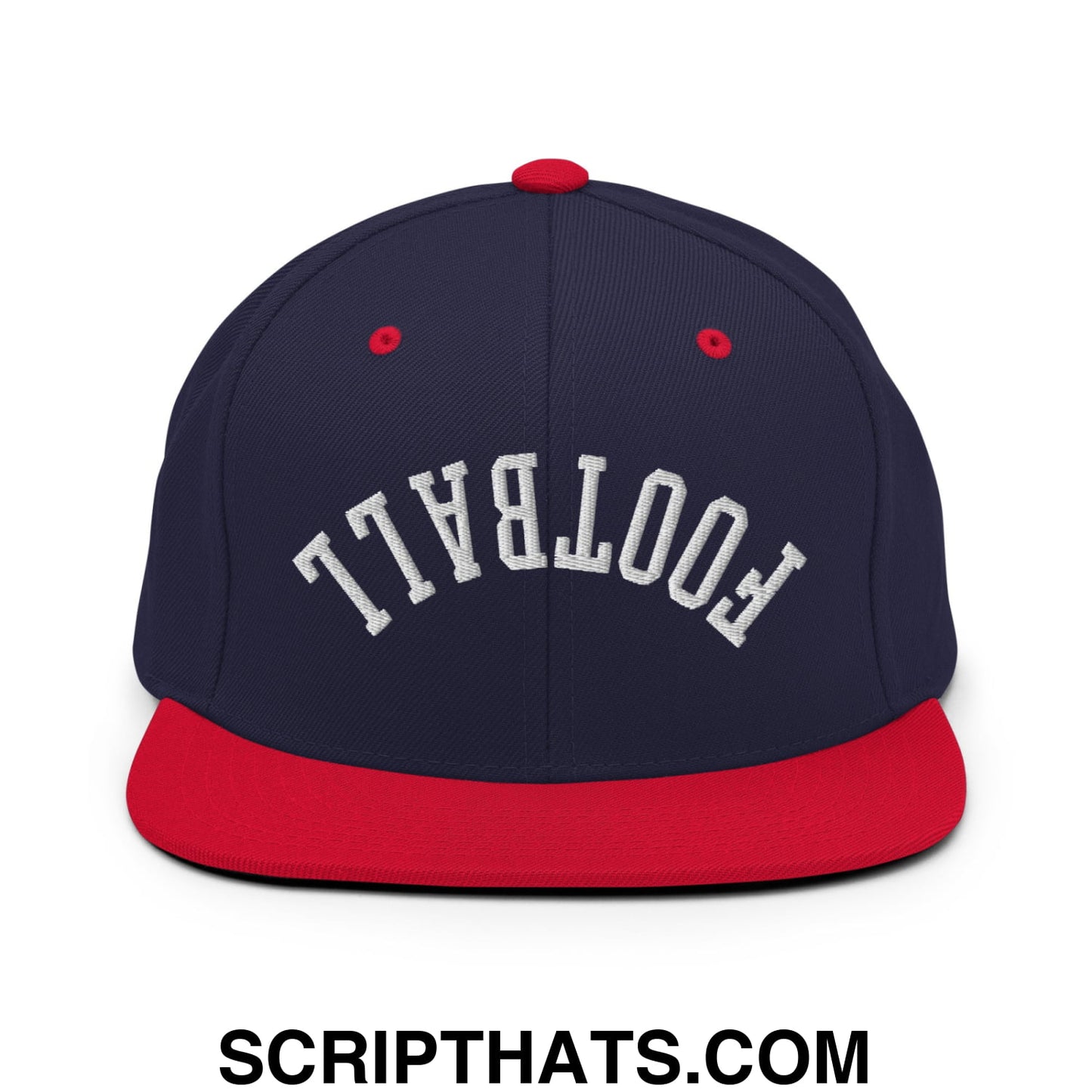Upside Down Football Embroidered Flat Bill Brim Snapback Hat Navy Red