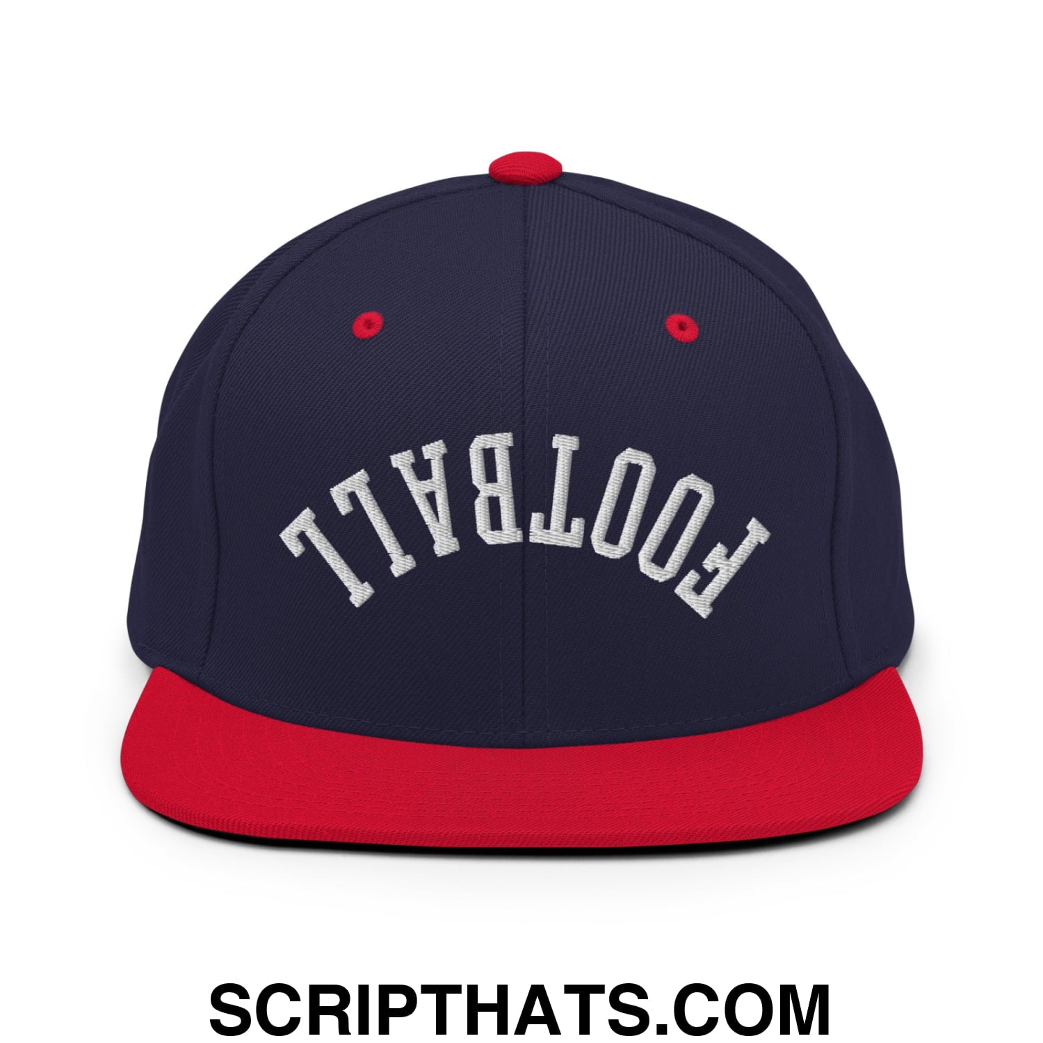 Upside Down Football Embroidered Flat Bill Brim Snapback Hat Navy Red
