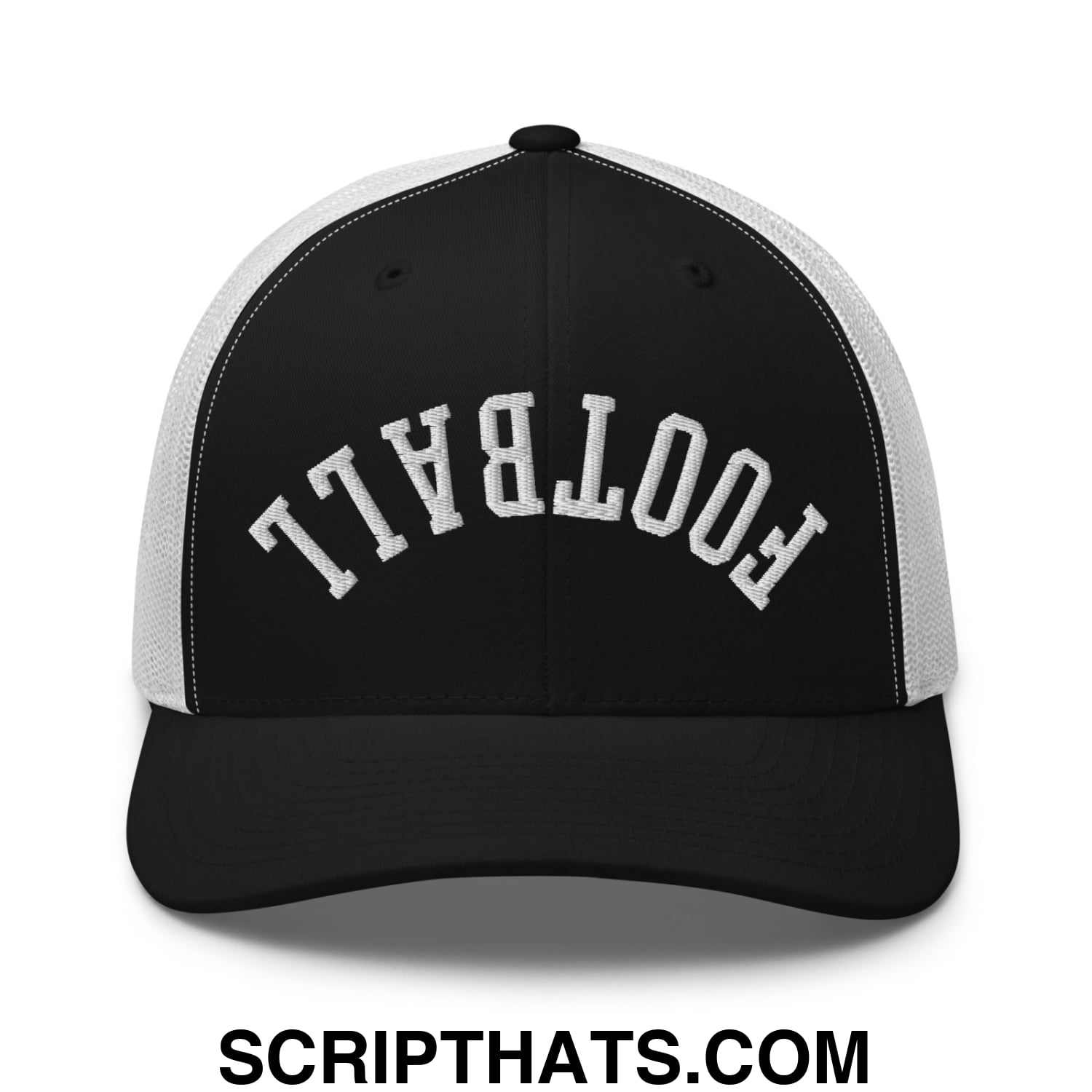 Upside Down Football Embroidered Mesh Trucker Hat Black White