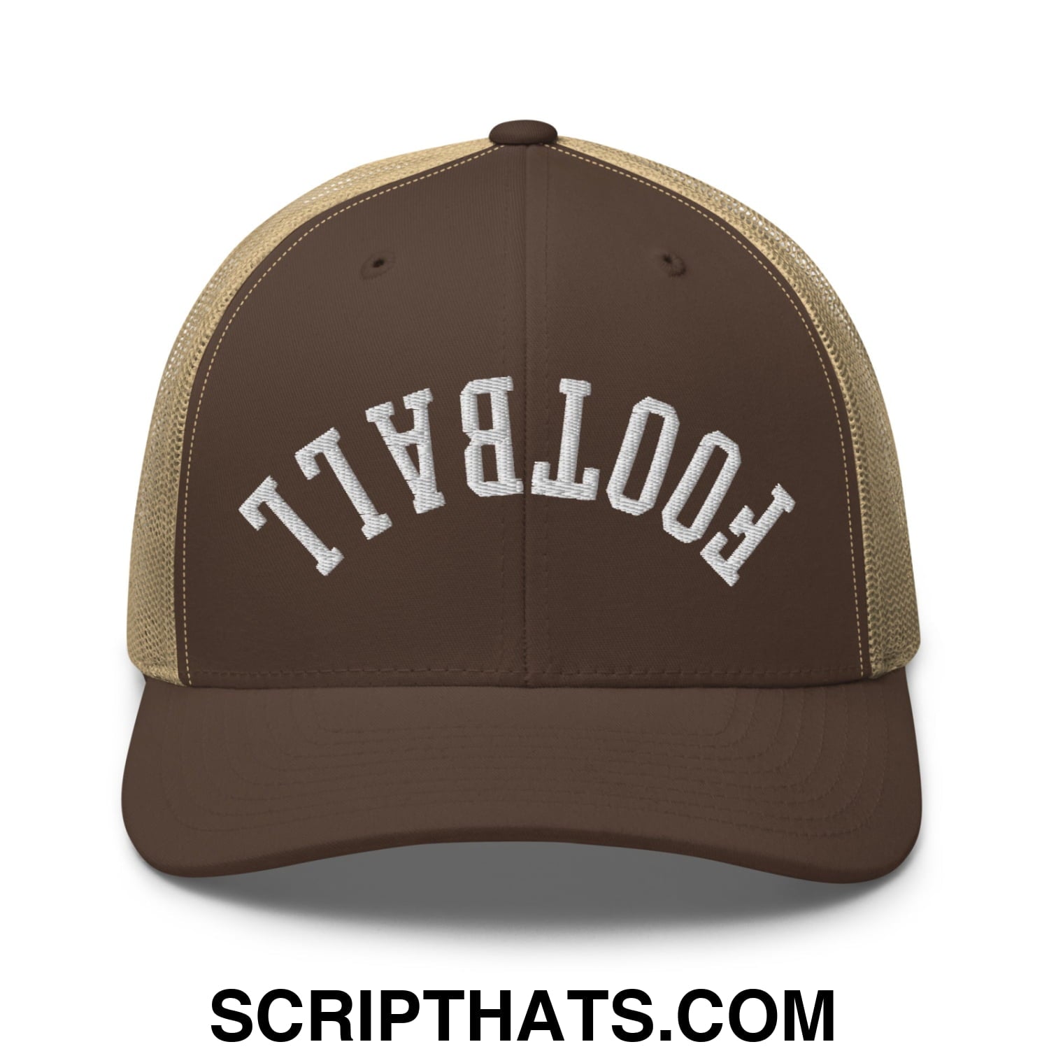 Upside Down Football Embroidered Mesh Trucker Hat Brown Khaki