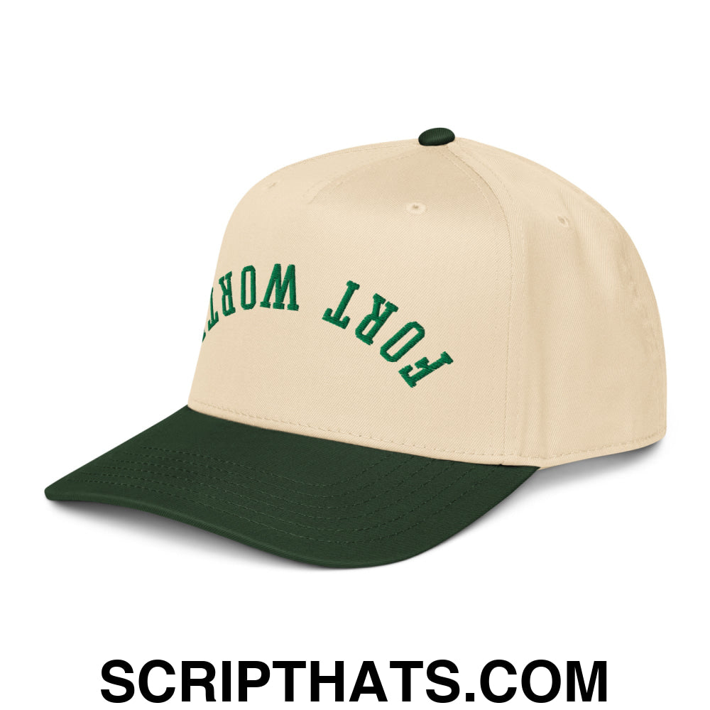 Upside Down Fort Worth Embroidered Baseball Snapback Hat Dark Green Natural