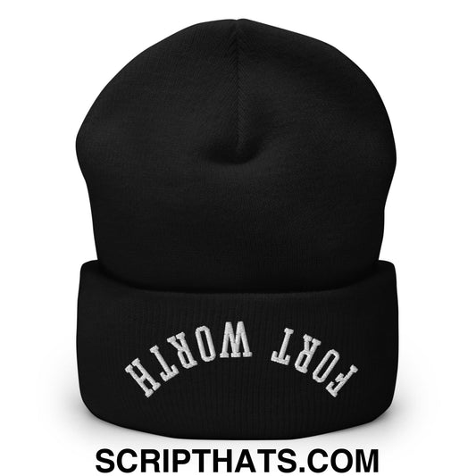 Upside Down Fort Worth Embroidered Cuffed Knit Beanie Black