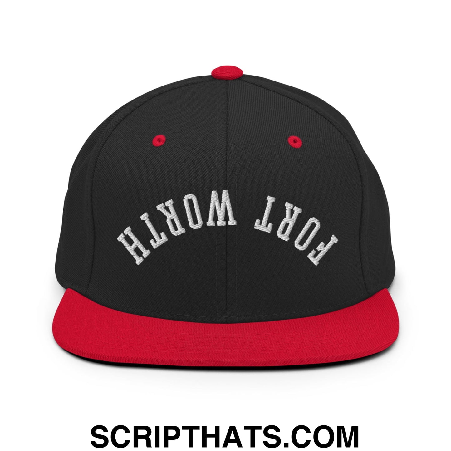 Upside Down Fort Worth Embroidered Flat Bill Brim Snapback Hat Black Red