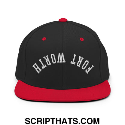 Upside Down Fort Worth Embroidered Flat Bill Brim Snapback Hat Black Red