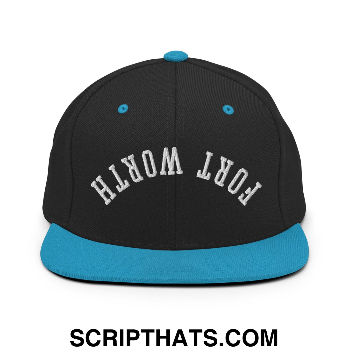 Upside Down Fort Worth Embroidered Flat Bill Brim Snapback Hat Black Teal