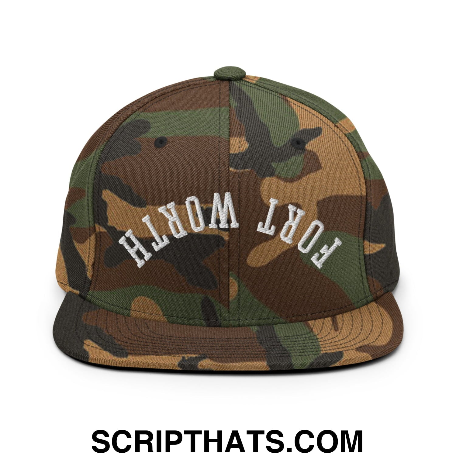 Upside Down Fort Worth Embroidered Flat Bill Brim Snapback Hat Green Camo
