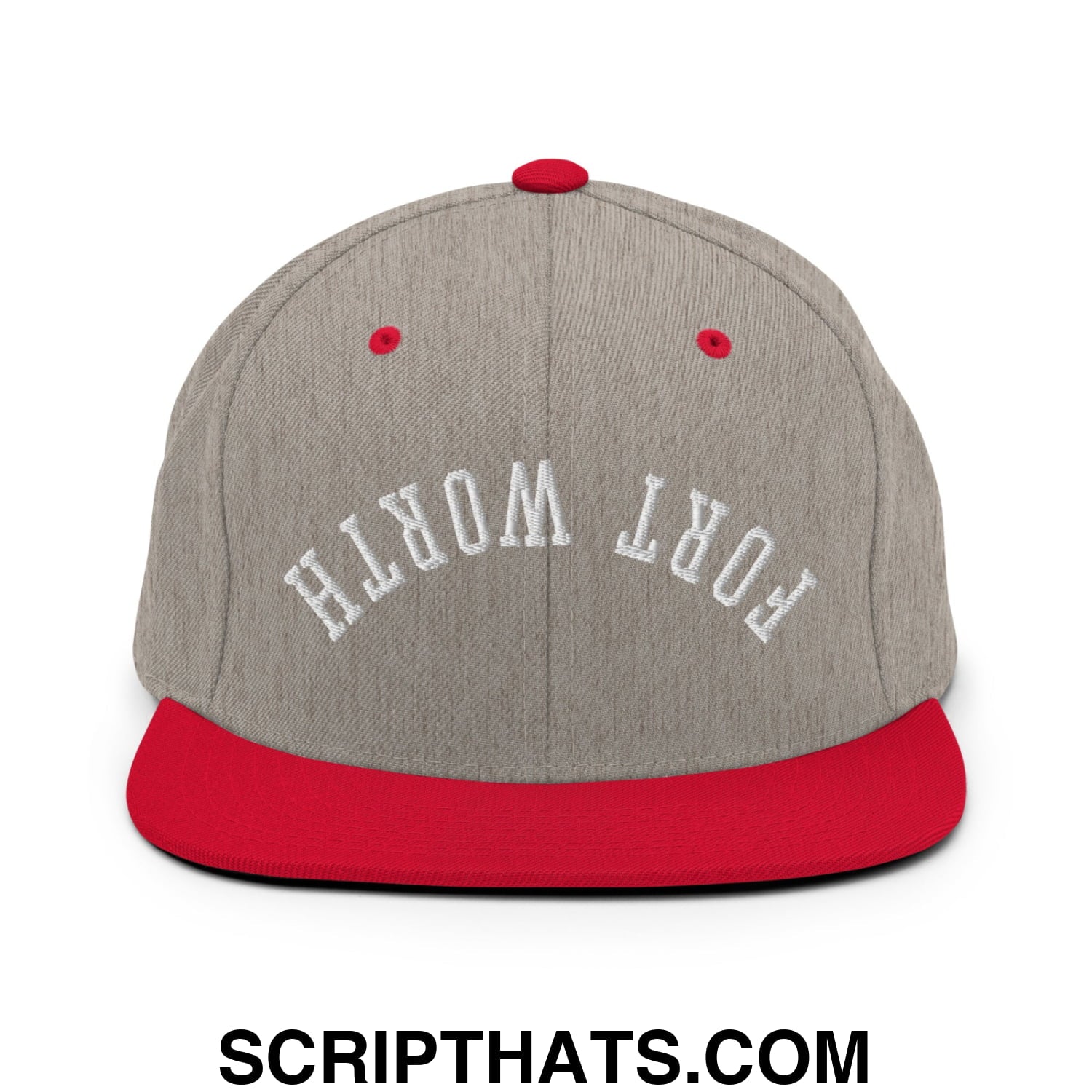 Upside Down Fort Worth Embroidered Flat Bill Brim Snapback Hat Heather Grey Red