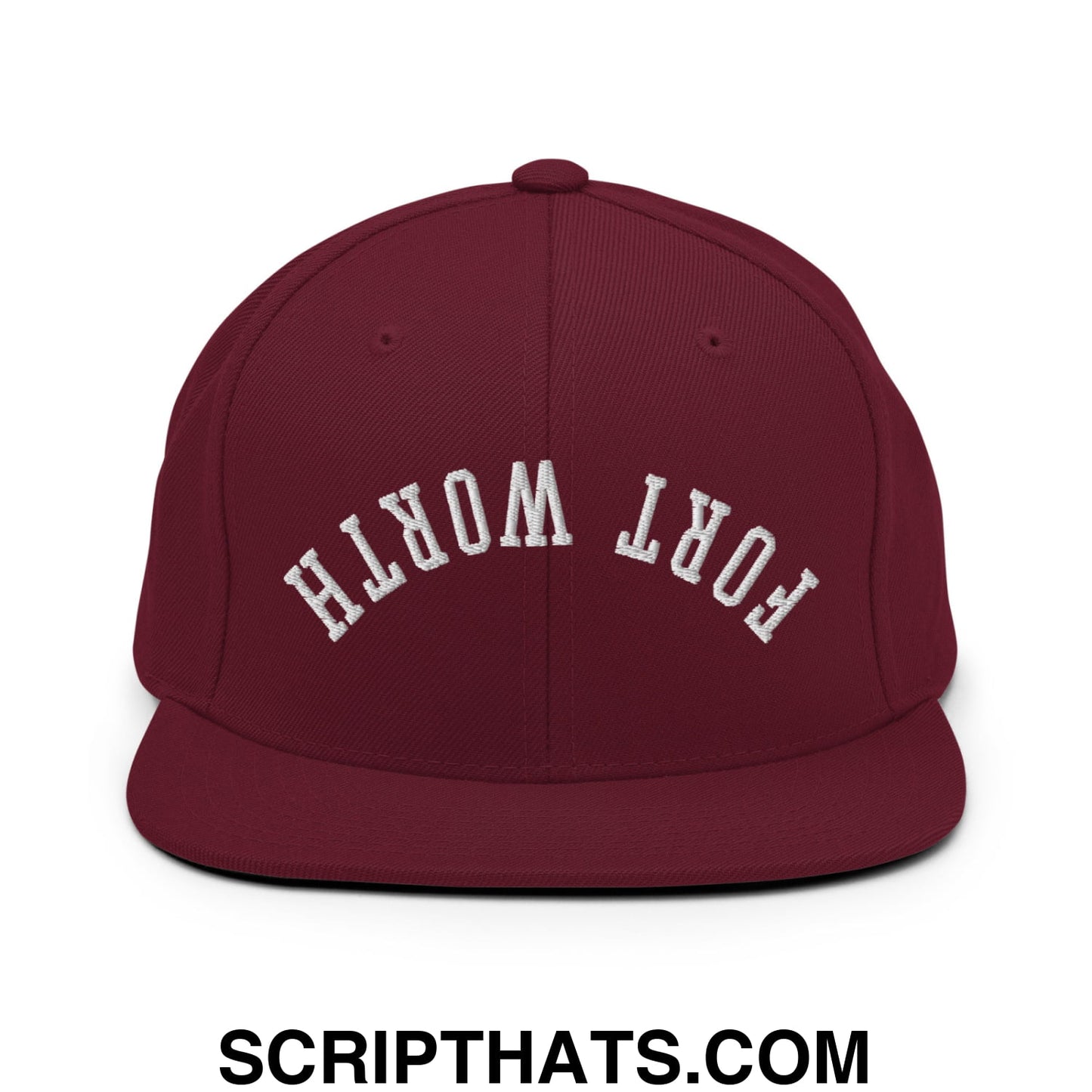 Upside Down Fort Worth Embroidered Flat Bill Brim Snapback Hat Maroon