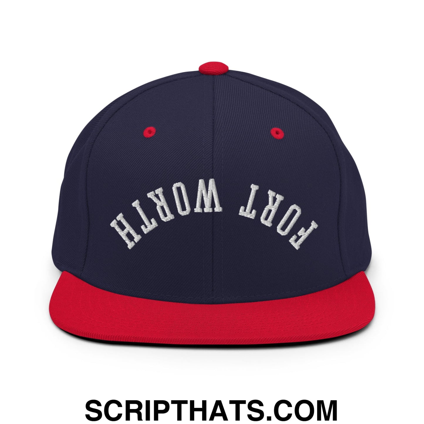 Upside Down Fort Worth Embroidered Flat Bill Brim Snapback Hat Navy Red