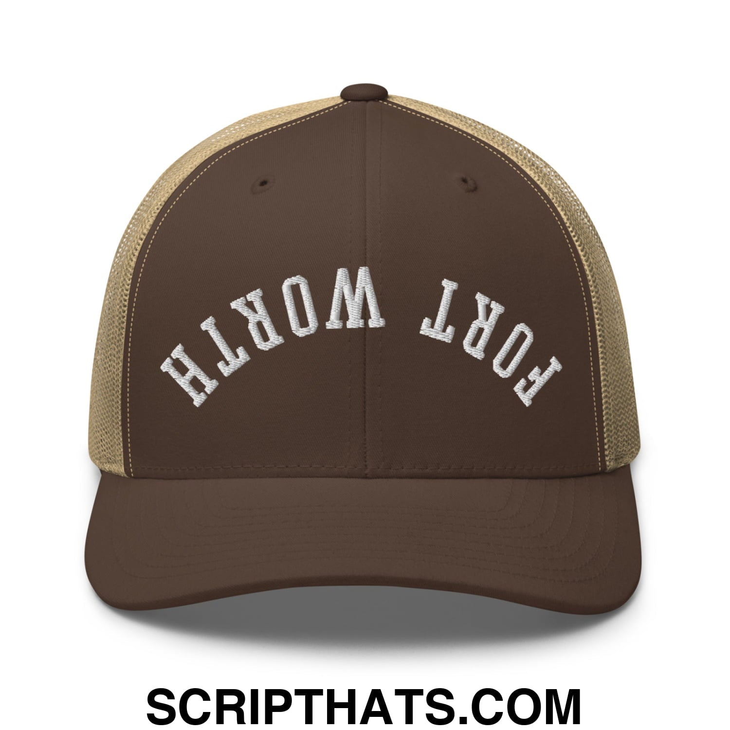 Upside Down Fort Worth Embroidered Mesh Trucker Hat Brown Khaki