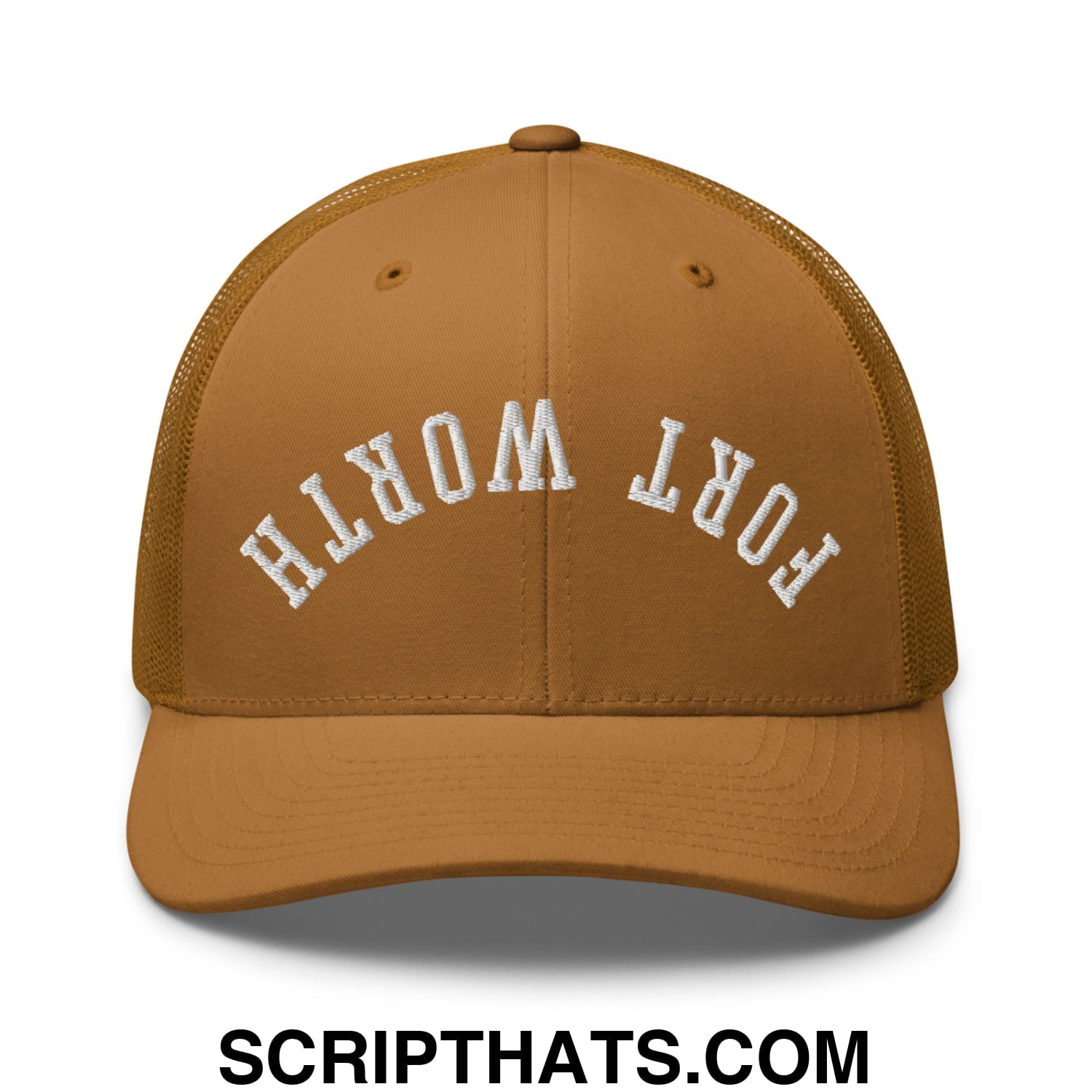 Upside Down Fort Worth Embroidered Mesh Trucker Hat Caramel