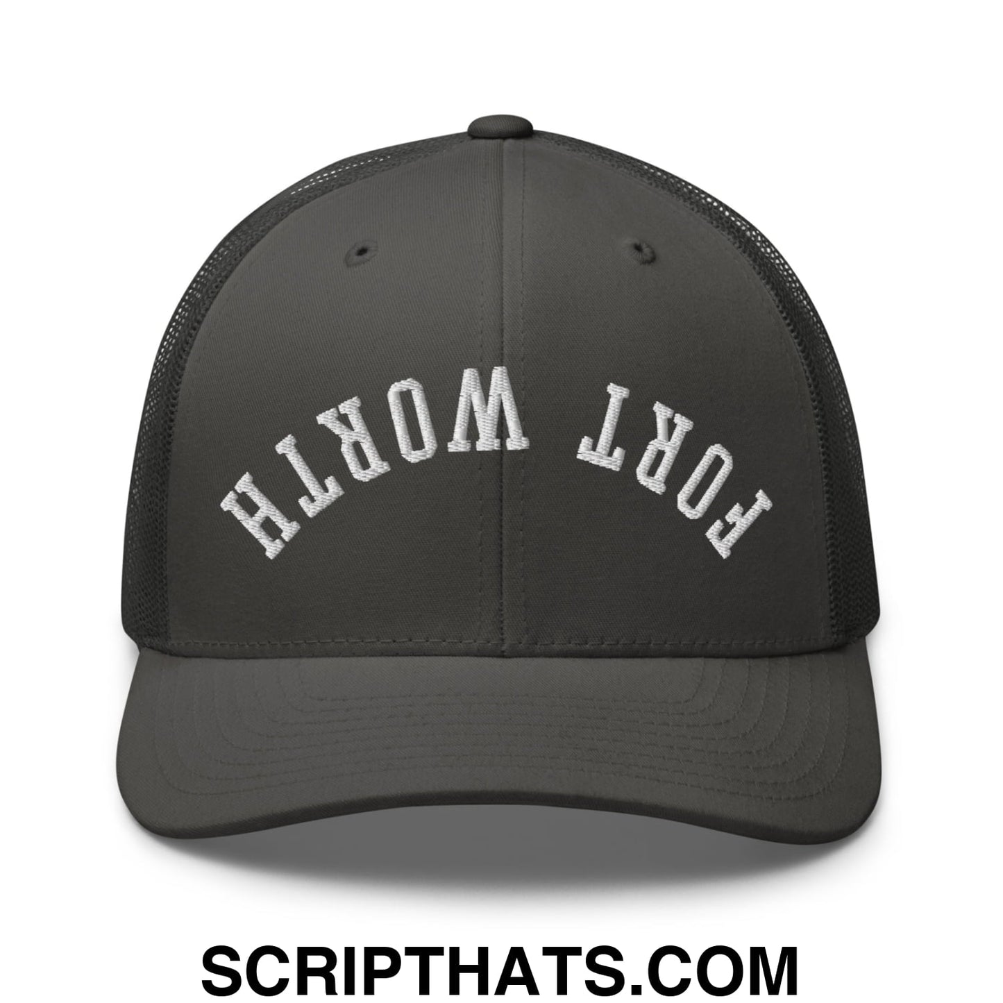 Upside Down Fort Worth Embroidered Mesh Trucker Hat Charcoal