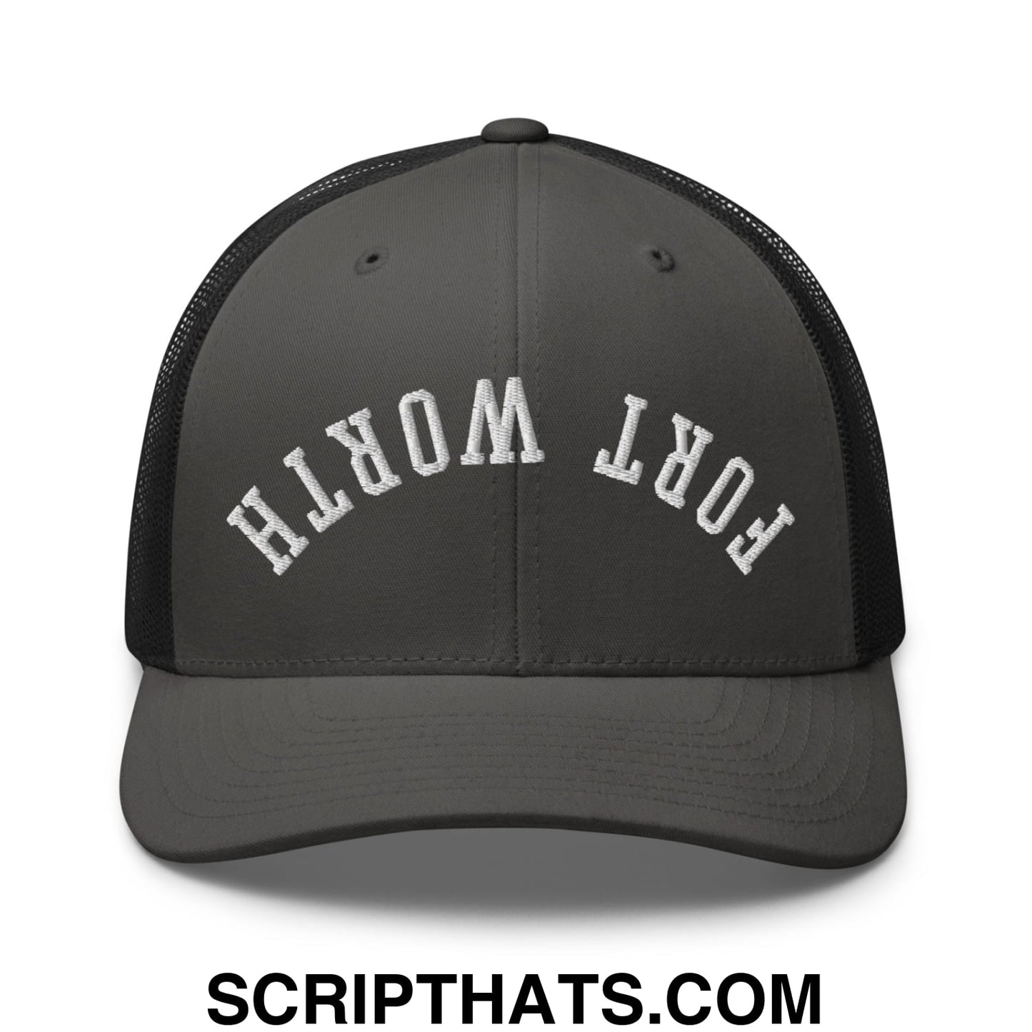 Upside Down Fort Worth Embroidered Mesh Trucker Hat Charcoal Black