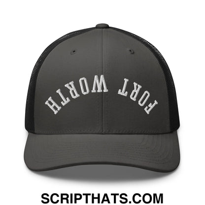 Upside Down Fort Worth Embroidered Mesh Trucker Hat Charcoal Black
