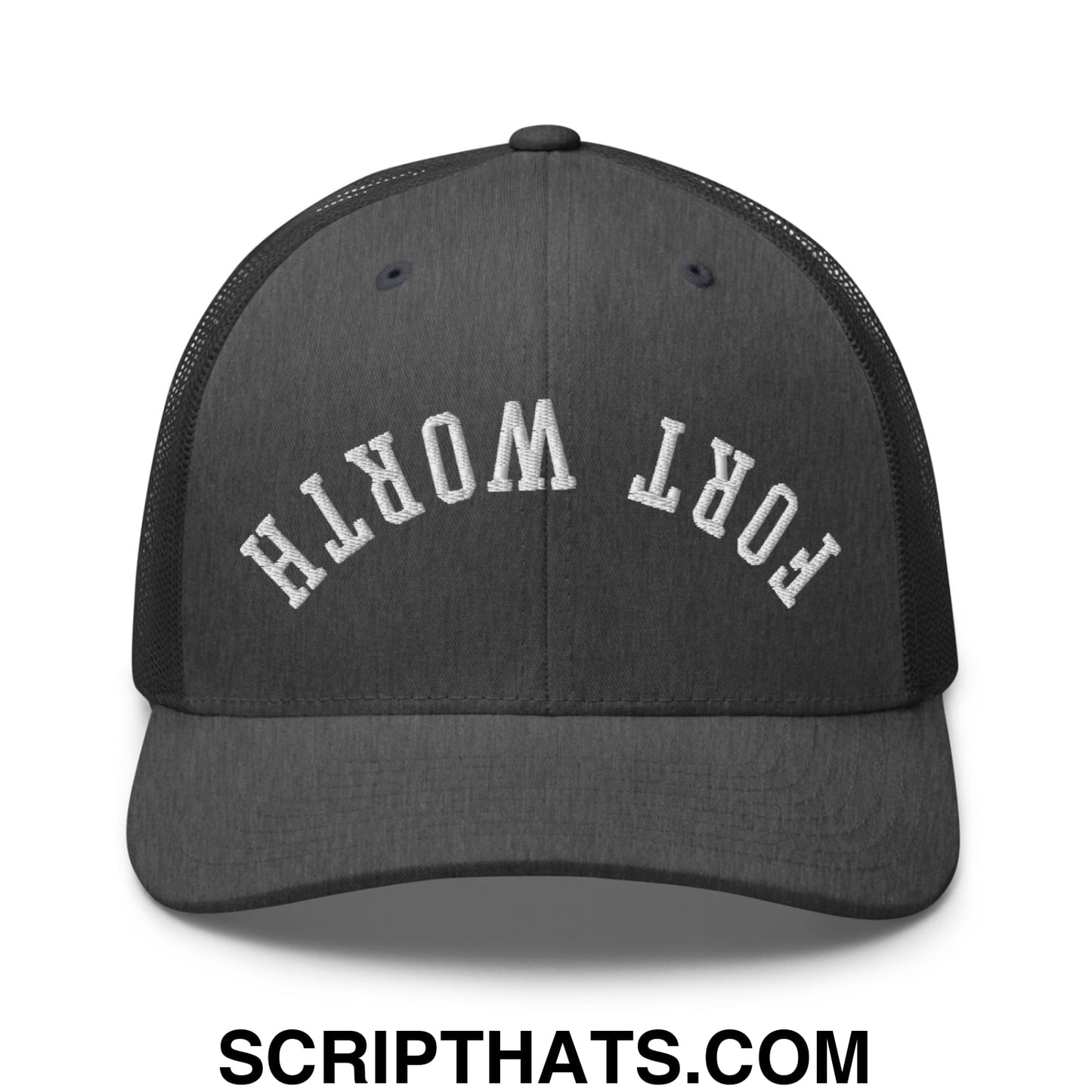 Upside Down Fort Worth Embroidered Mesh Trucker Hat Dark Heather Gray