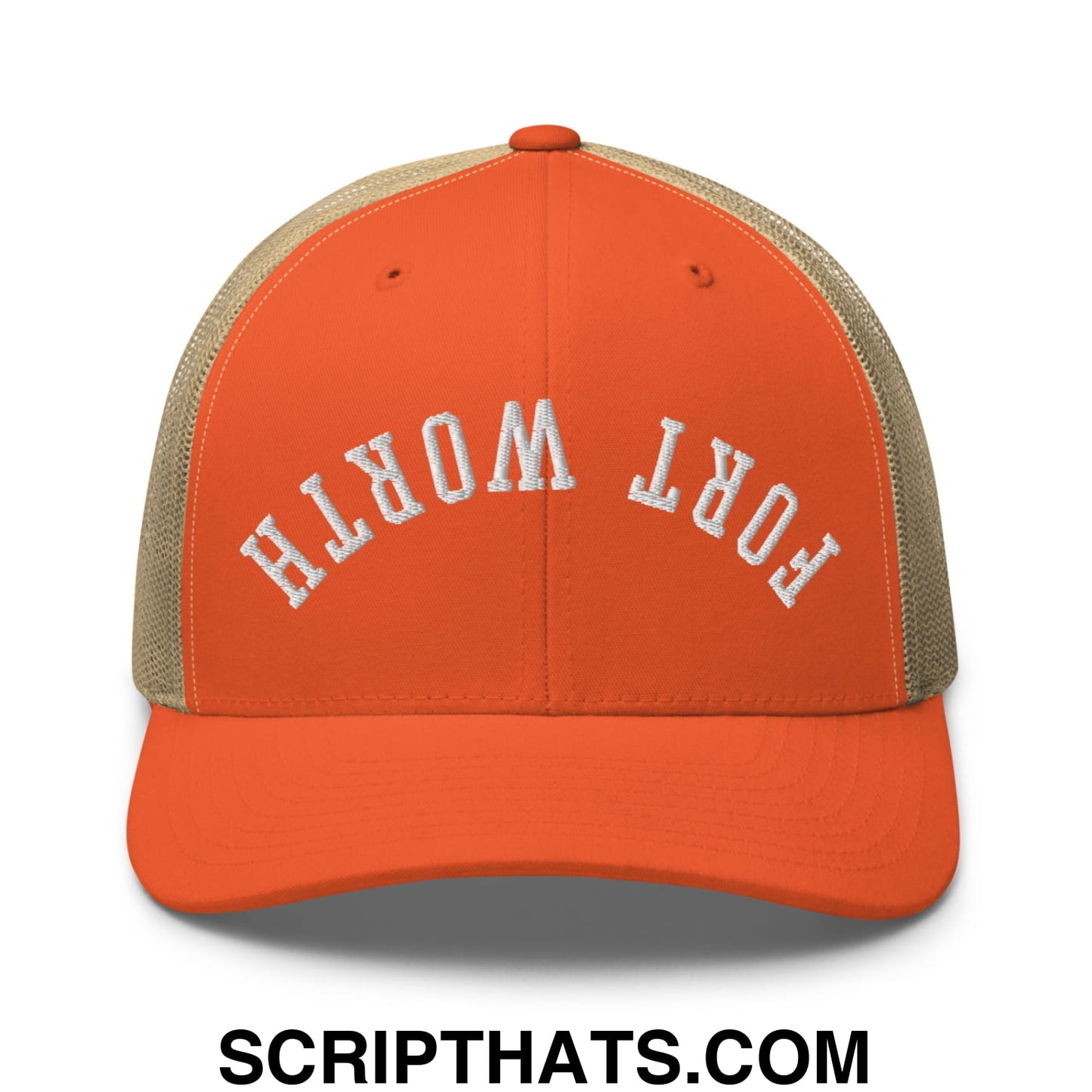Upside Down Fort Worth Embroidered Mesh Trucker Hat Rustic Orange Khaki