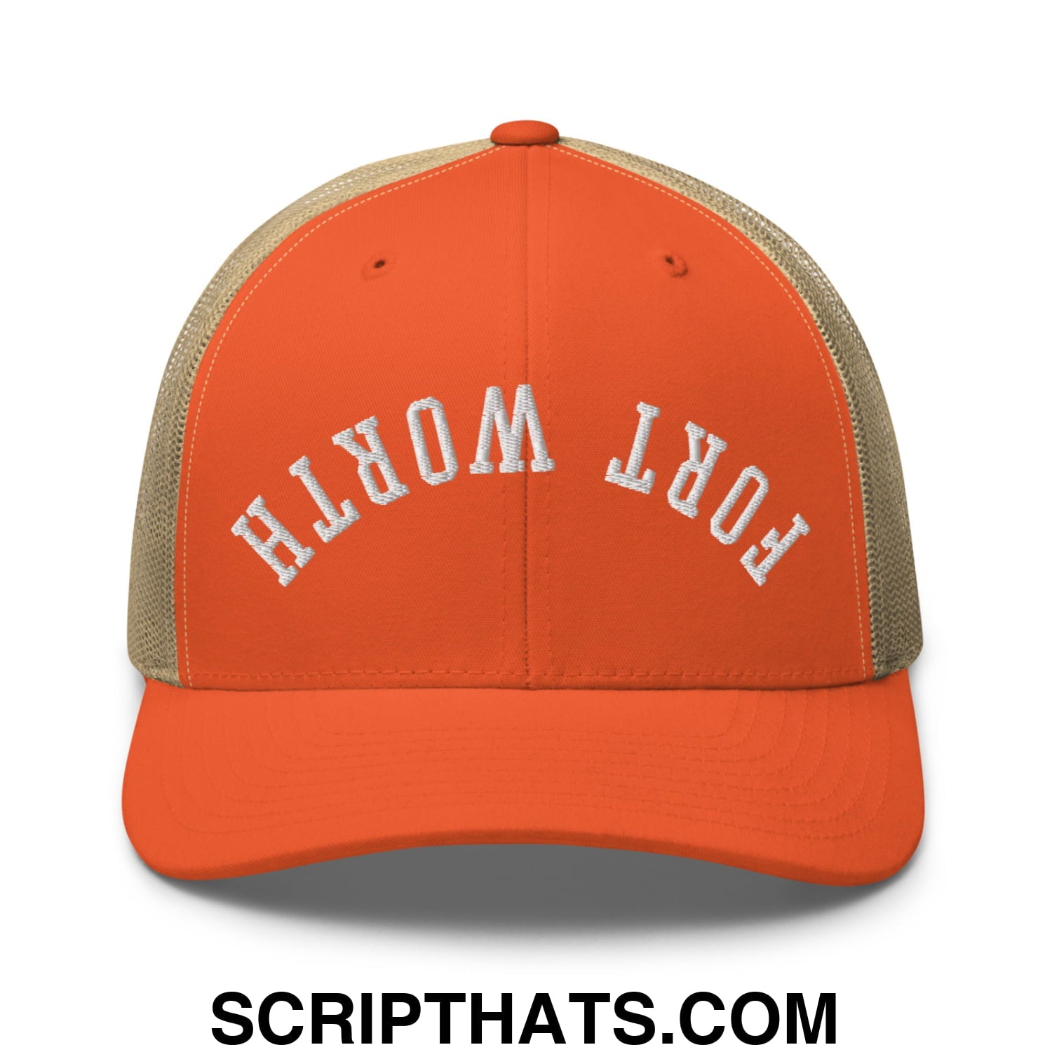Upside Down Fort Worth Embroidered Mesh Trucker Hat Rustic Orange Khaki