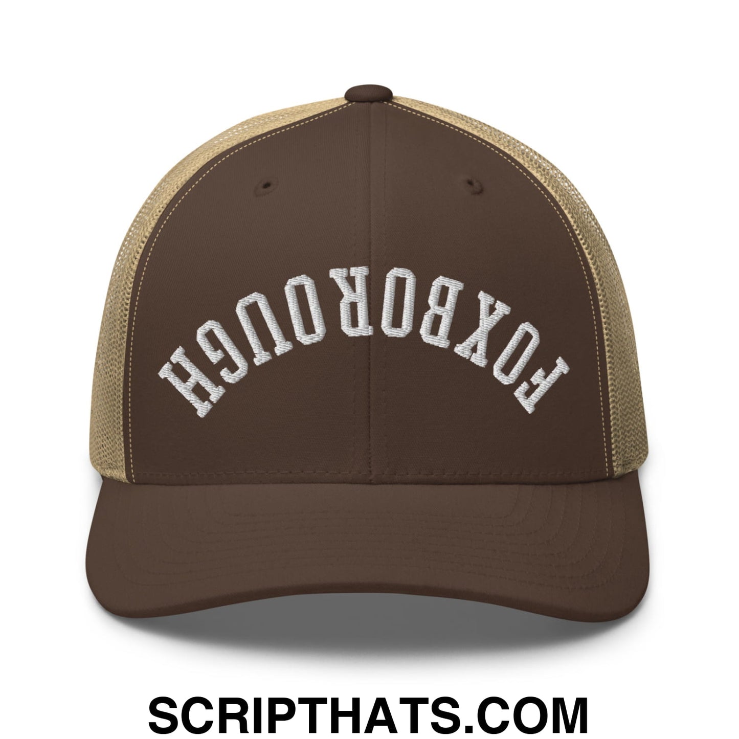 Upside Down Foxborough Embroidered Mesh Trucker Hat Brown Khaki