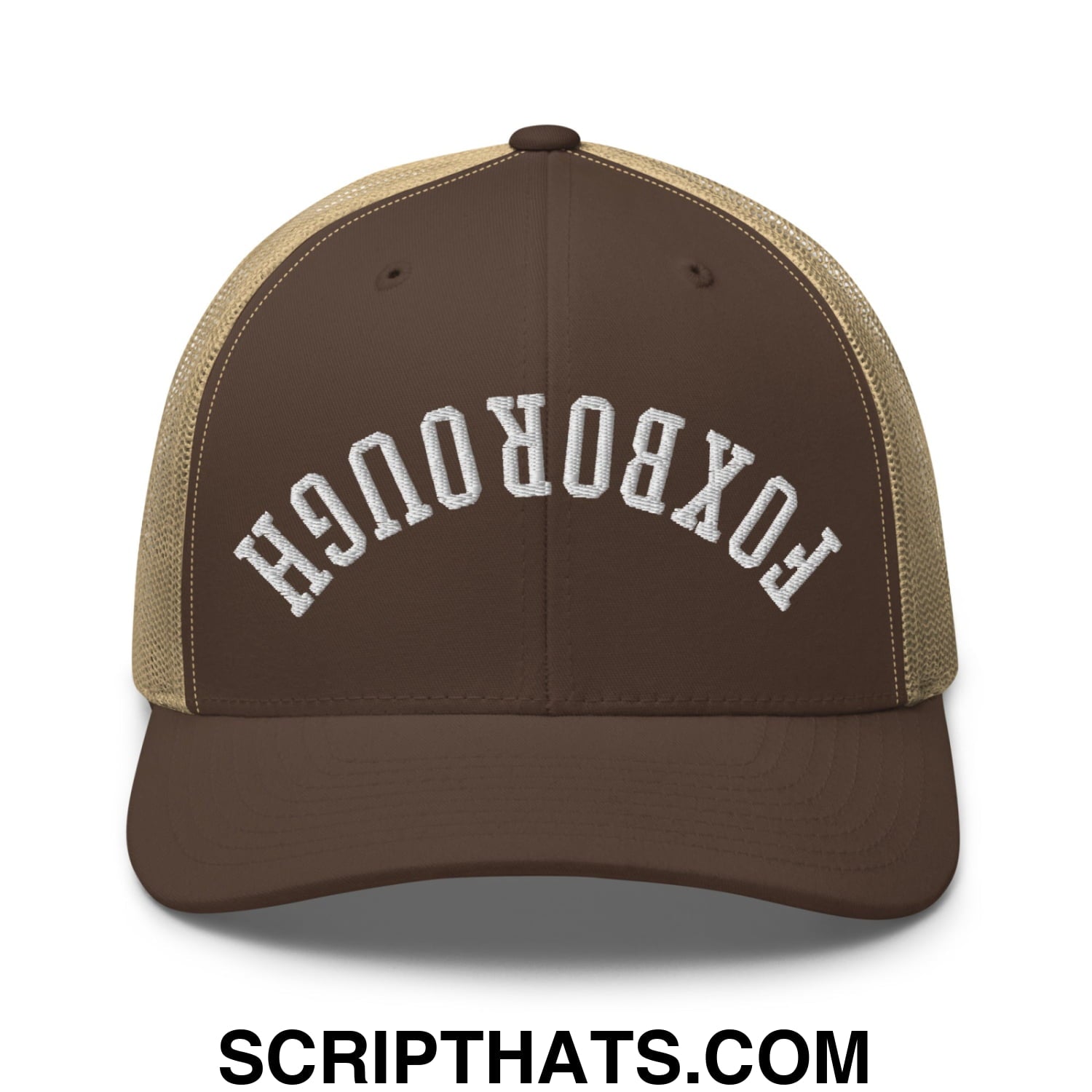 Upside Down Foxborough Embroidered Mesh Trucker Hat Brown Khaki