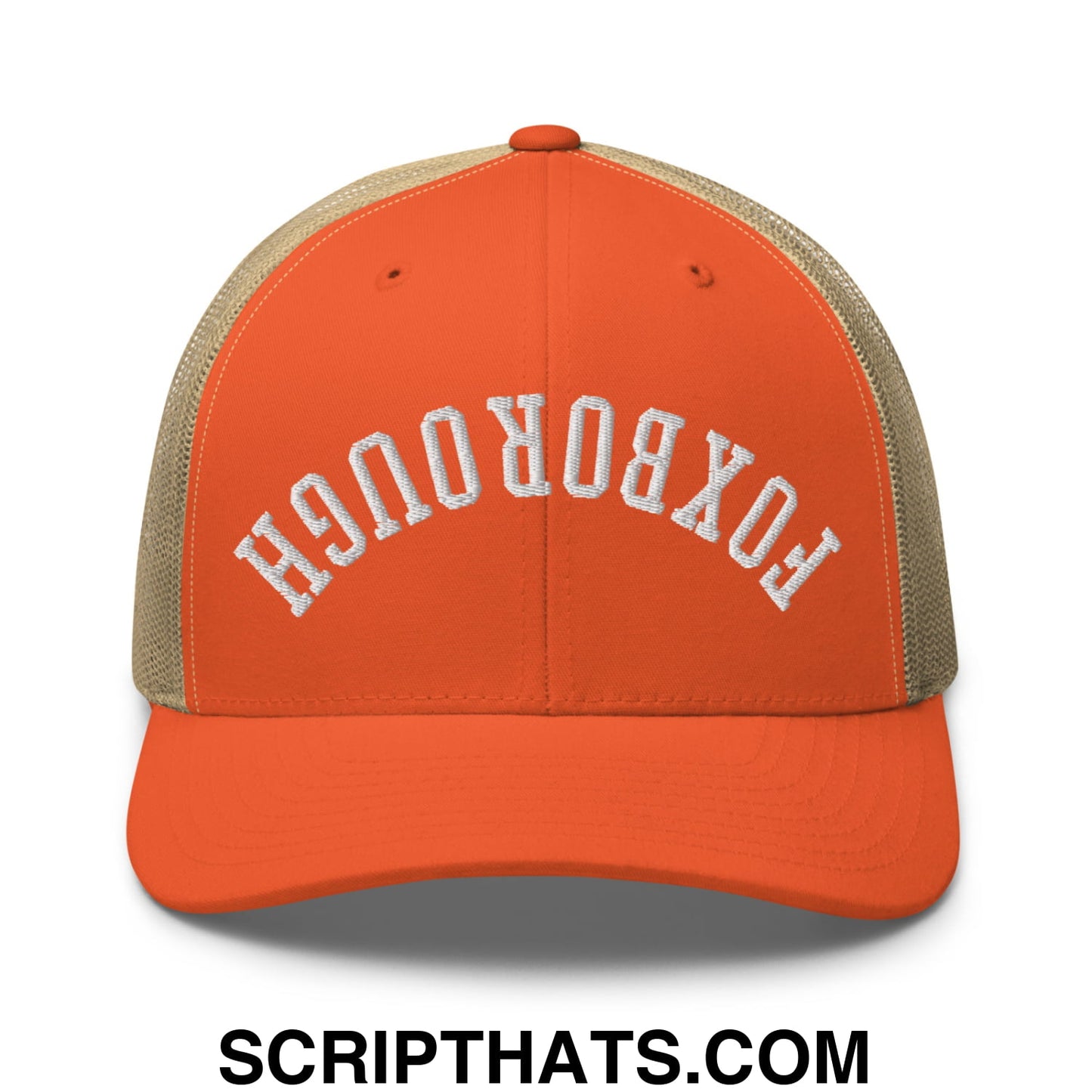 Upside Down Foxborough Embroidered Mesh Trucker Hat Rustic Orange Khaki