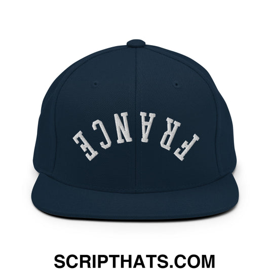 Navy blue flat bill snapback hat with white embroidered france lettering in an arched design