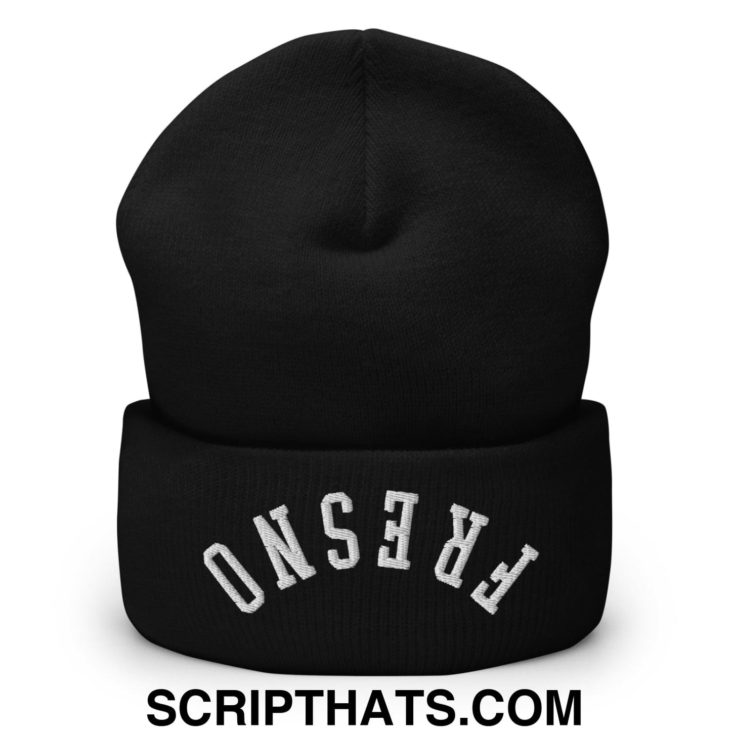 Black knit beanie with white fresno embroidery on folded cuff featuring upside down embroidered design