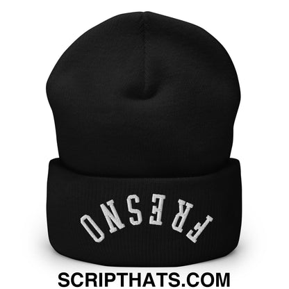 Black knit beanie with white fresno embroidery on folded cuff featuring upside down embroidered design