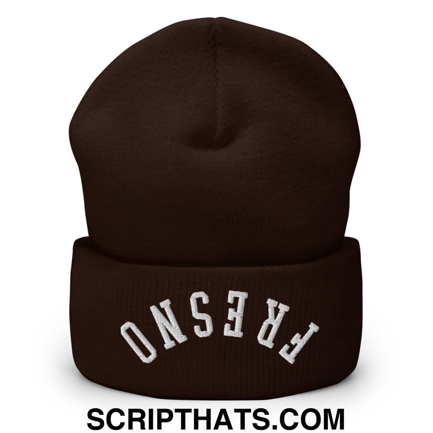 A dark brown knit cuffed beanie made of warm material with white fresno embroidered in arched lettering
