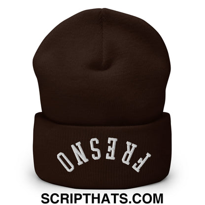 A dark brown knit cuffed beanie made of warm material with white fresno embroidered in arched lettering