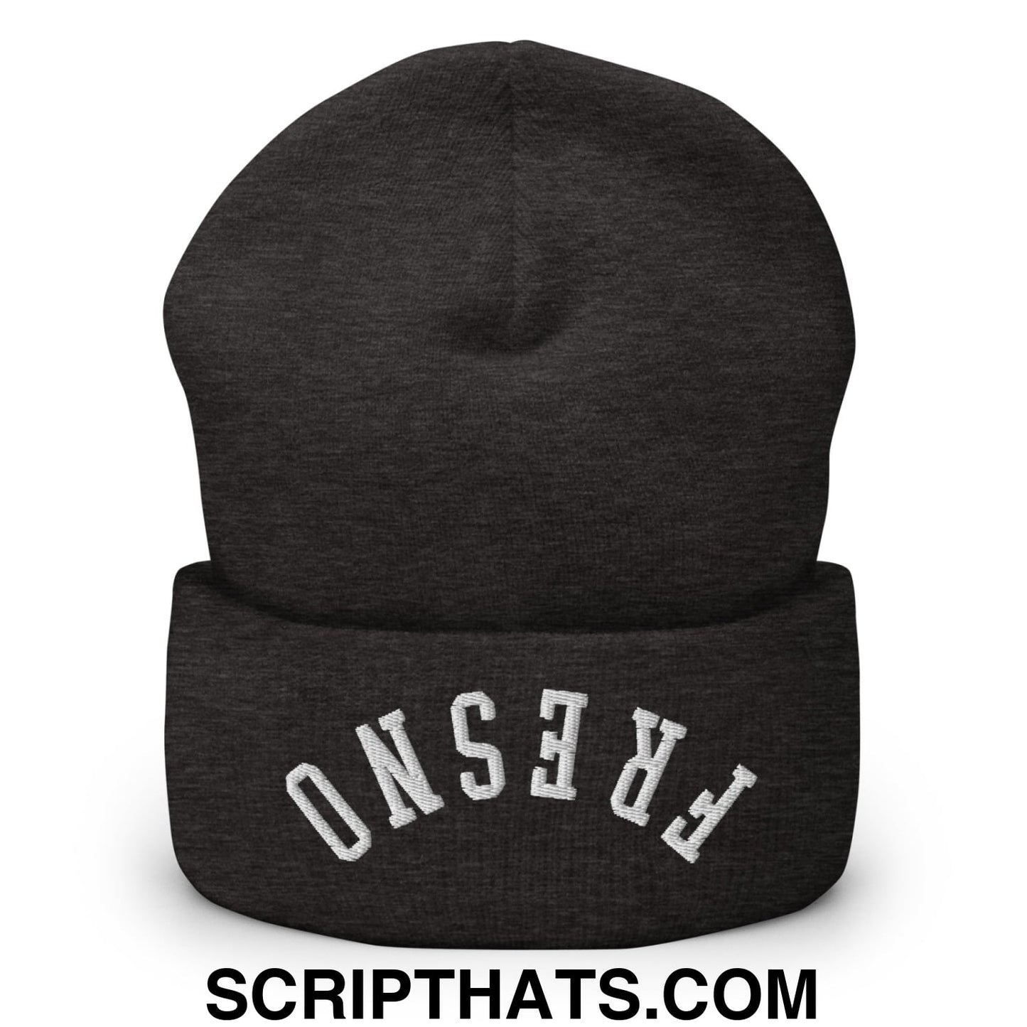 A dark heather gray knit beanie with a folded cuff and upside down fresno embroidered in white arched lettering