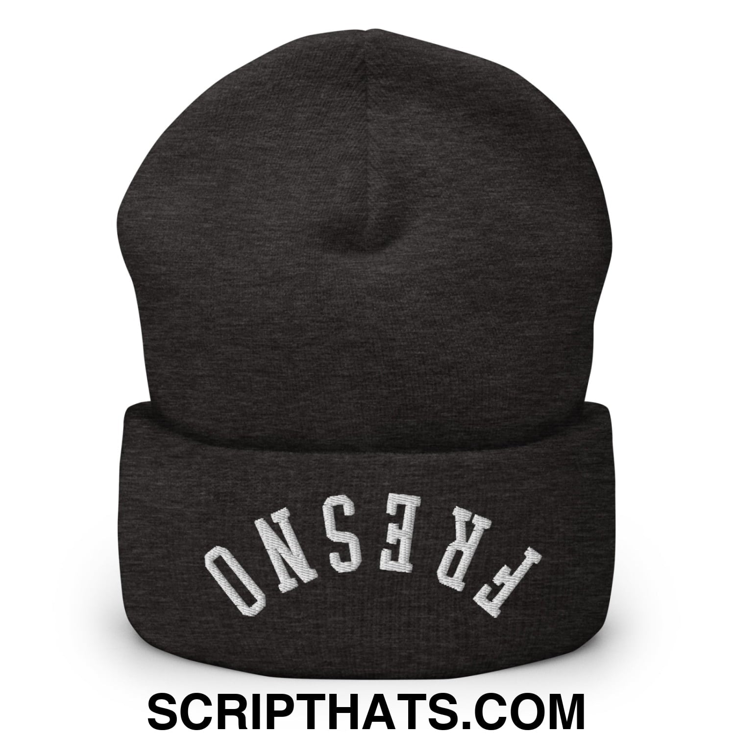 A dark heather gray knit beanie with a folded cuff and upside down fresno embroidered in white arched lettering