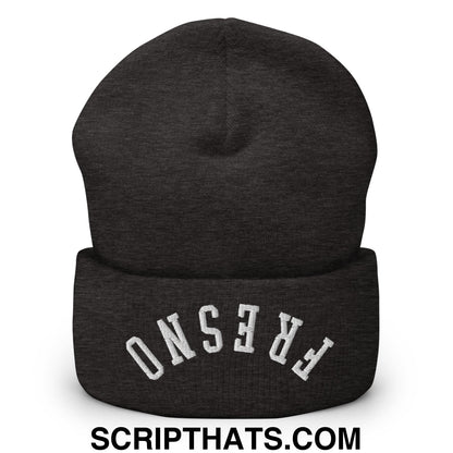 A dark heather gray knit beanie with a folded cuff and upside down fresno embroidered in white arched lettering